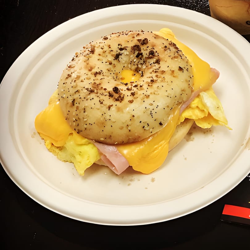 Everything bagel with melted cheese, ham, and scrambled egg on a white plate.