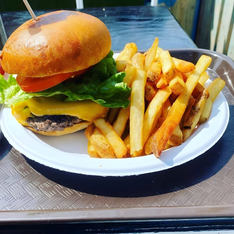A Bushwick Burger Co. cheeseburger with lettuce and tomato, served with a side of golden fries.